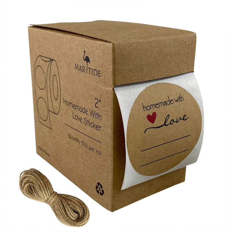 Maritide 2â€ Homemade with Love Canning Labels with Lines for Writing, 500 Stickers per Roll in Dispenser Box, Plus Bonus 50â€™ of Twine String - Image 1